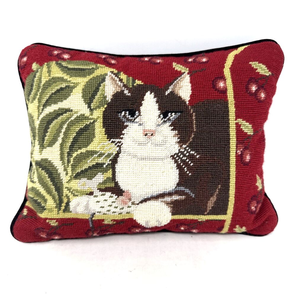 Katha Diddel Wool Needlepoint Cat Pillow VTG 7x10 Cherries Kitty Velvet Back